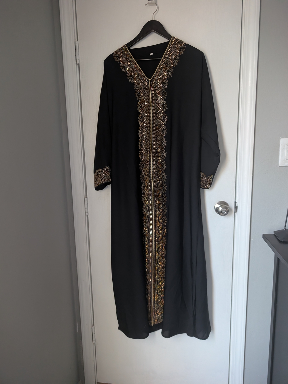 Black Long Sleeve Kaftan Dress with Gold Embroidery
